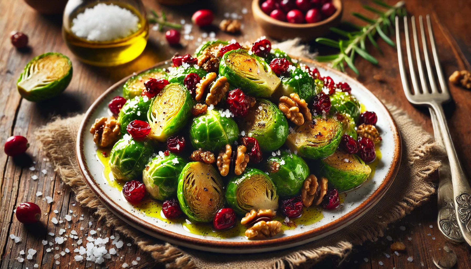 Roasted Brussels sprouts with cranberries and walnuts on a plate