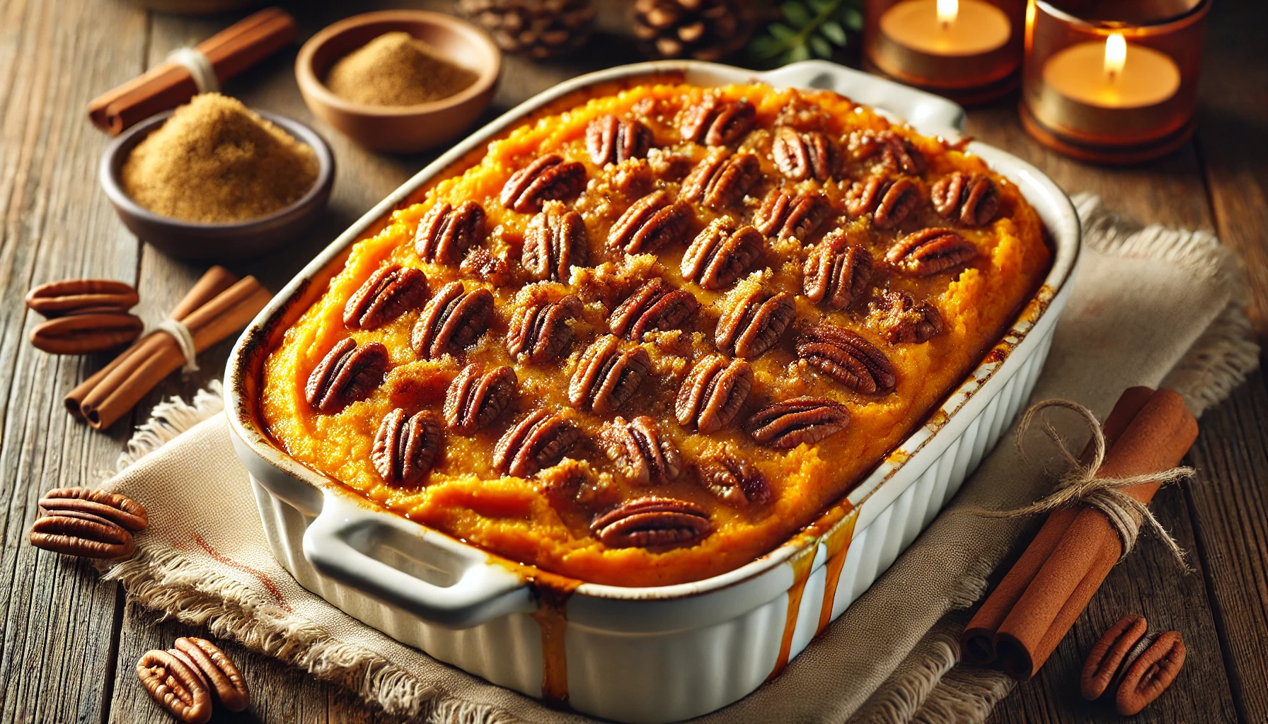 Sweet potato casserole topped with pecans in a baking dish