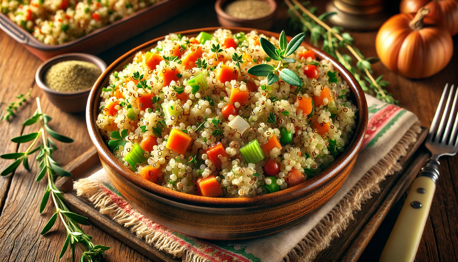 Quinoa stuffing with herbs and vegetables served warm