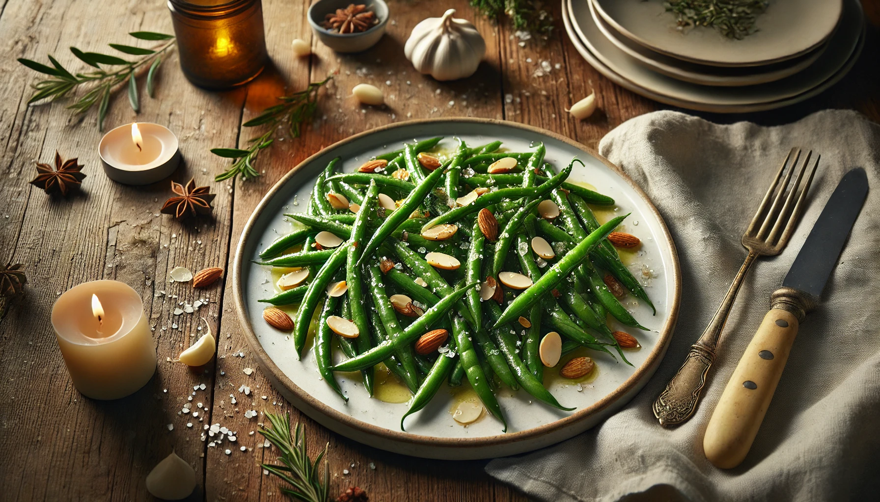 Green Bean Almondine, showcasing vibrant green beans sautéed with golden almonds and garlic slices. 